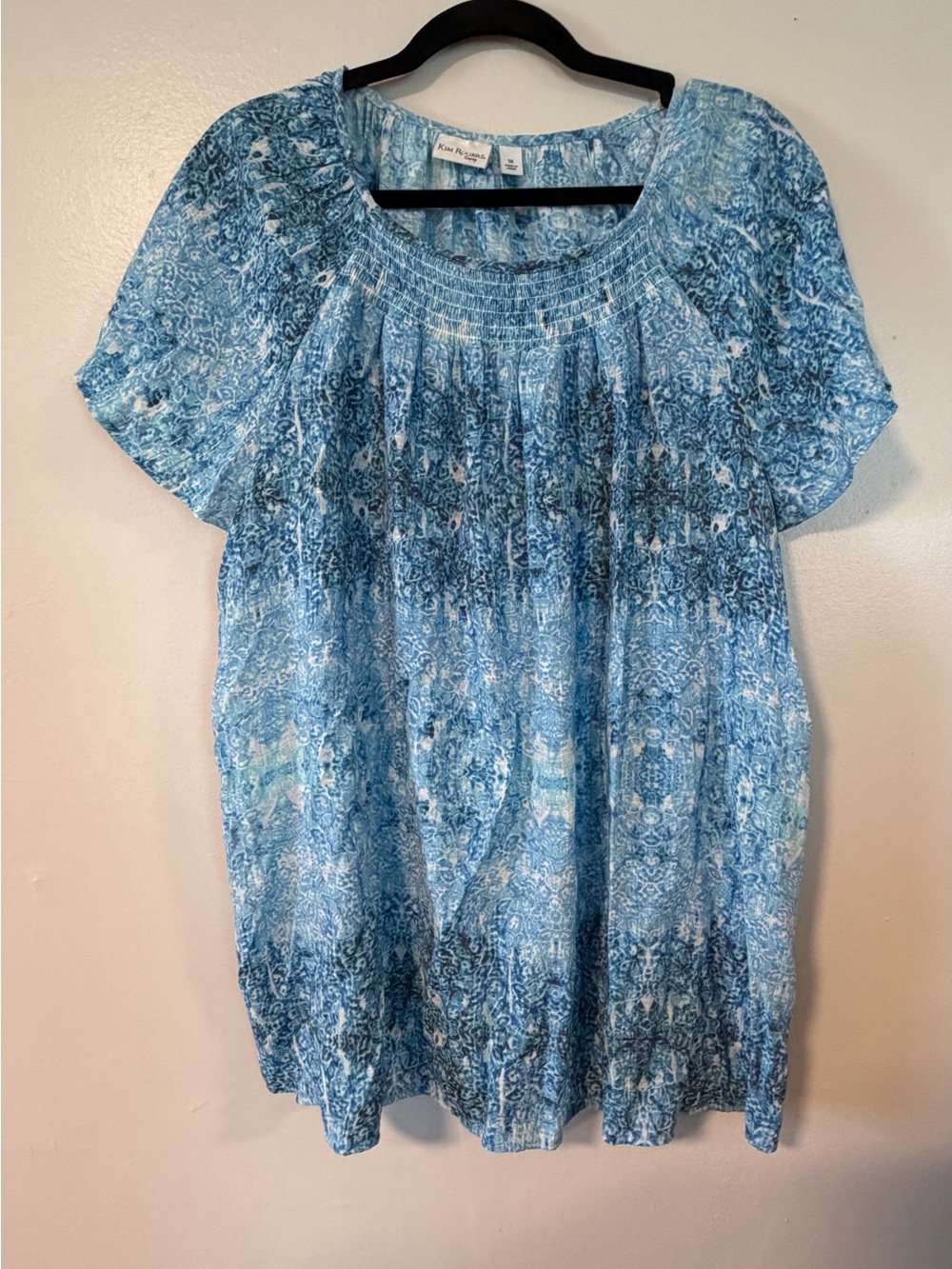 Kim Rogers Blue Patterned Smocked-Yoke Short Sleeve Blouse